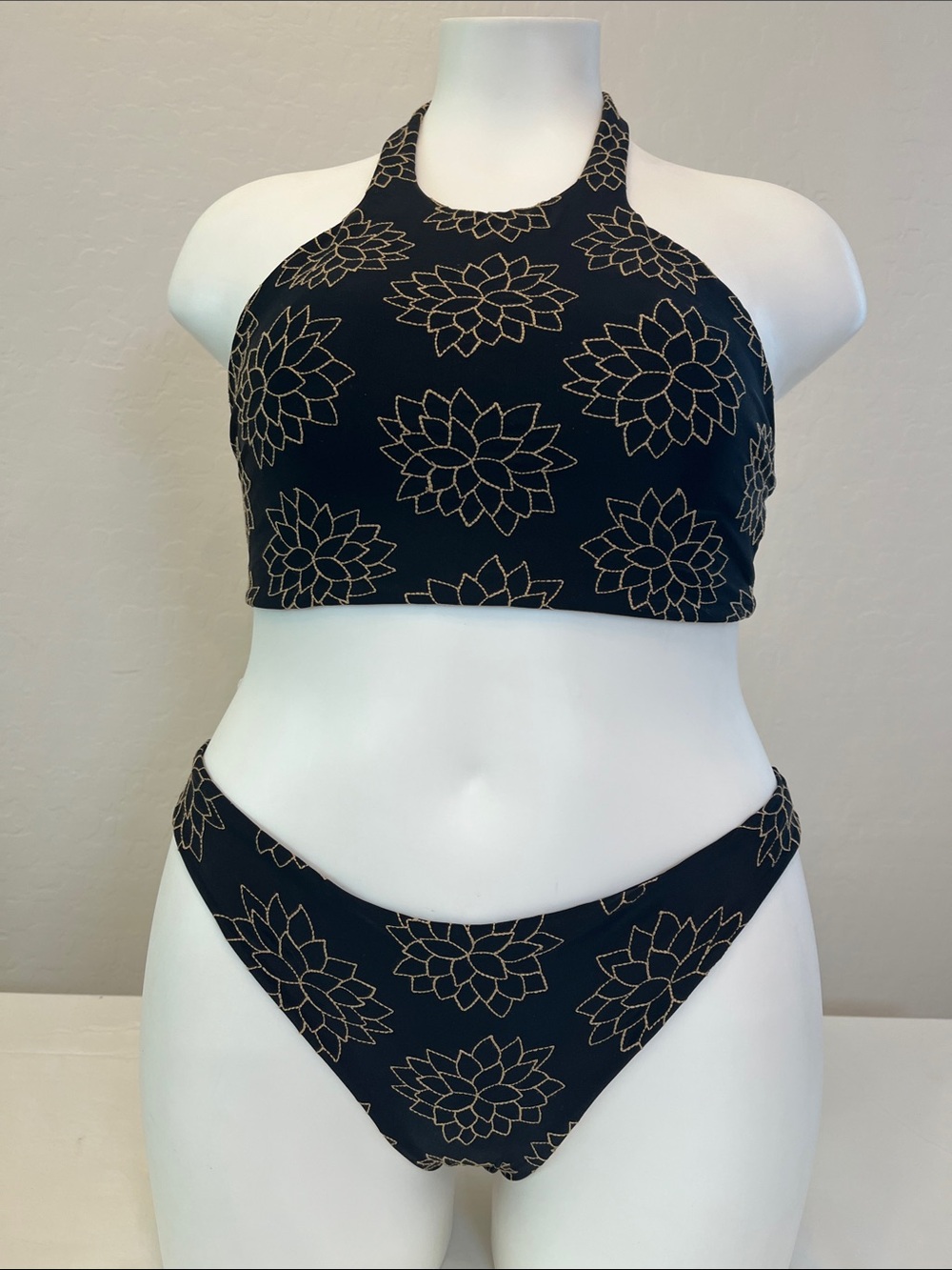 Tori Praver Black Bikini with Gold Floral Print